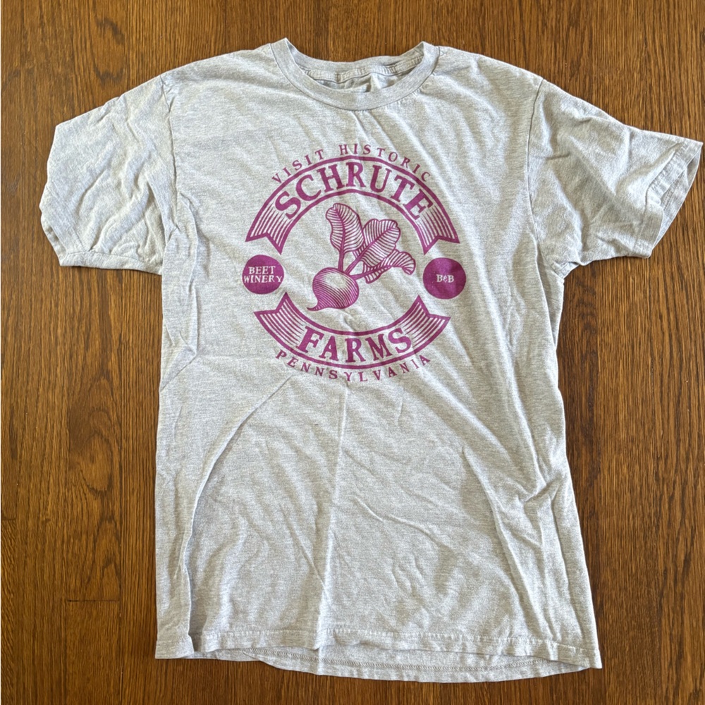 Women’s Gray T‑Shirt with Purple Schrute Farms Logo